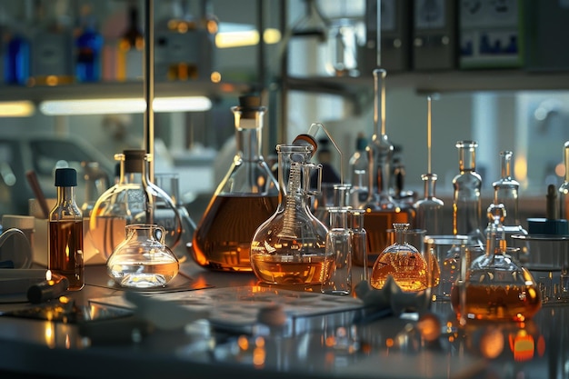 Photo a shelf full of glass bottles with a warm glow