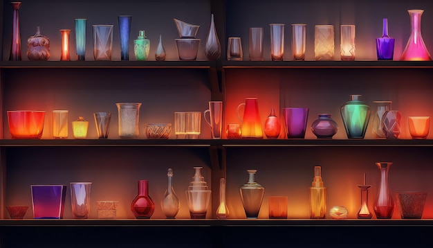 A shelf full of glass vases and glasses some of which are lit up