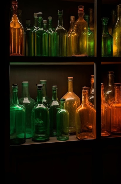 A shelf full of green bottles with one that says " liqueur " on it.