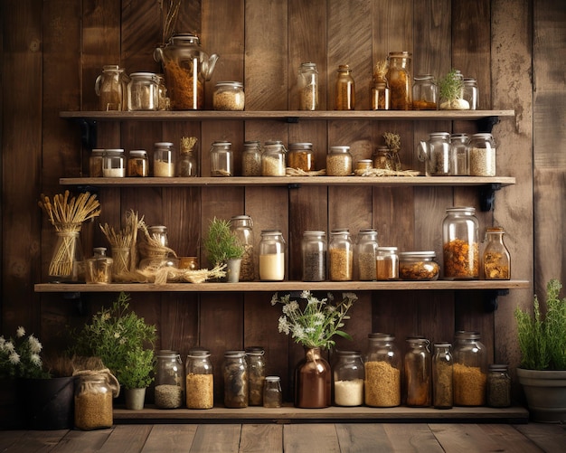 A shelf full of jars with herbs and spices on it