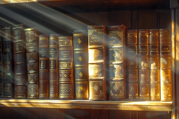 A shelf full of old books with gold lettering