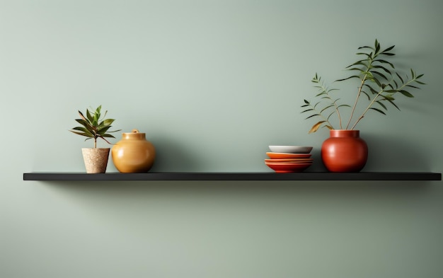 A shelf hosts three different colored vases