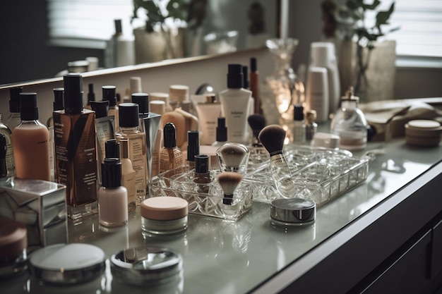 A shelf of makeup products with a mirror behind it.