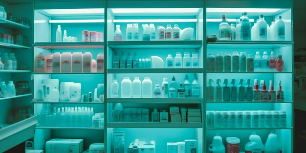 Photo a shelf of medical products in a pharmacy