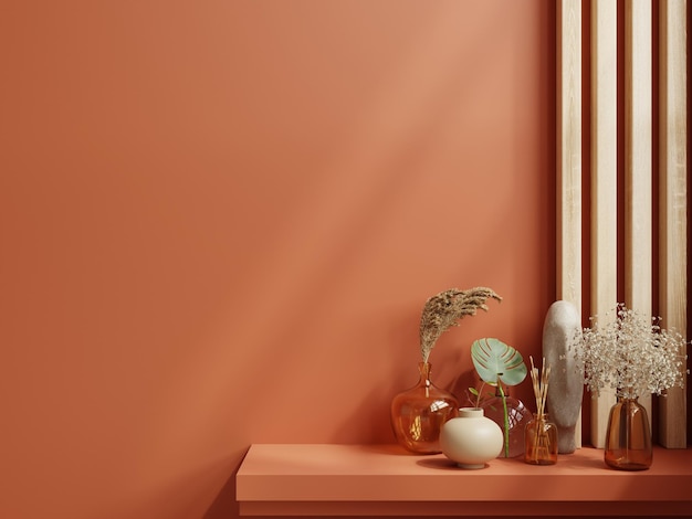 Макет полки в современной пустой комнате темно-оранжевая стена