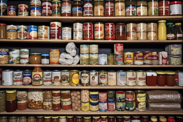 A shelf of neatly arranged canned goods created with generative ai