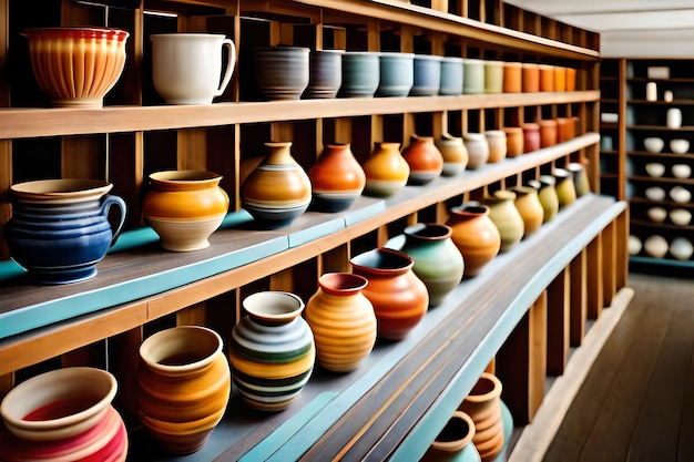 a shelf of pottery with many different colors and colors.