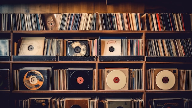 A shelf of records with one that says'the music is on it '