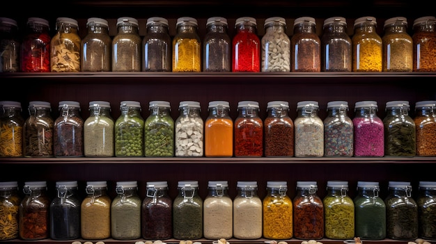 Photo a shelf of spices including a jar of different flavors.