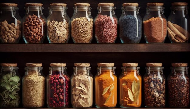 A shelf of spices including one that says spice.