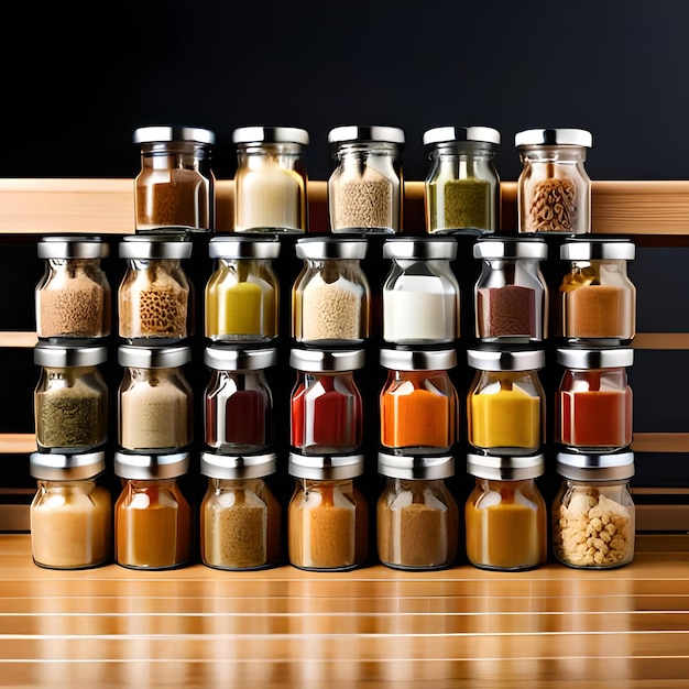 A shelf of spices including a spice jar with a white lid.