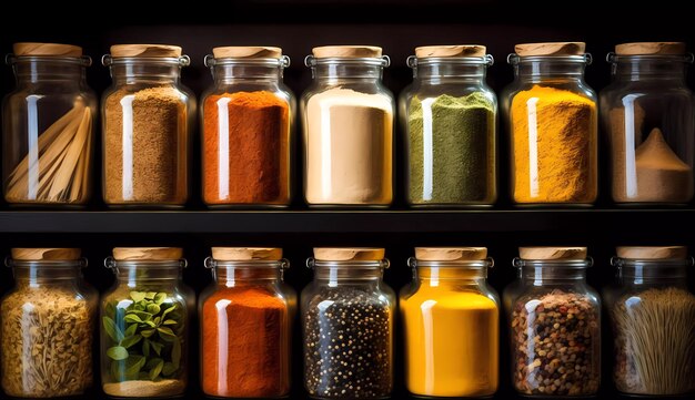 A shelf of spices including a variety of spices.