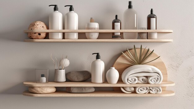 A shelf with a bath accessories