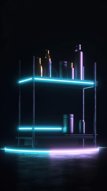 A shelf with a blue and purple neon light that says hair products on it.