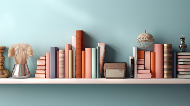 Shelf with books on pastel color wall background Generative AI