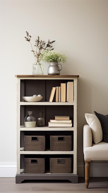 a shelf with books and a vase with flowers on it