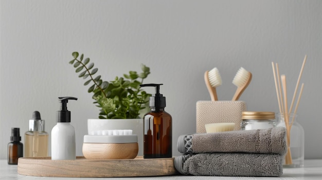 a shelf with a bottle of soap and a plant on it