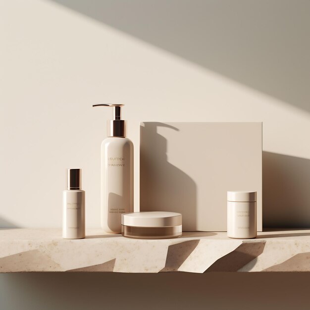 a shelf with bottles of soap and a box of toiletries.