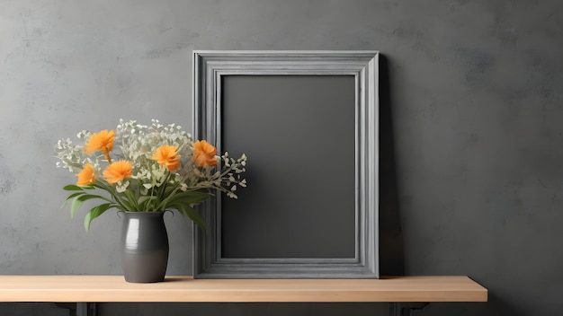 Photo shelf with bouquet wall 3d rendering frame mock up in the style of charcoal grunge sketch