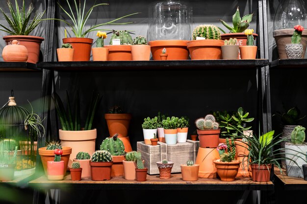 Scaffale con cactus nel negozio succulenta verde in una pentola di terracotta in interni loft in stile scandinavo