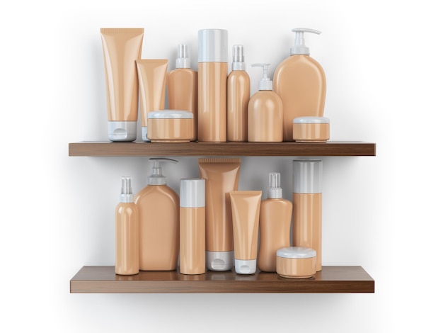 Shelf with cosmetics and toiletries 3d illustration