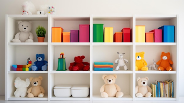 Photo a shelf with different colored toys including one of them has a bear on it