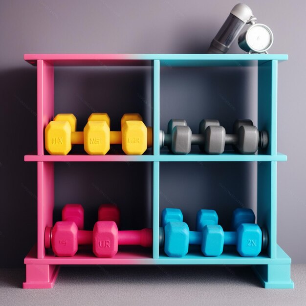 A shelf with dumbbells and a light bulb on it