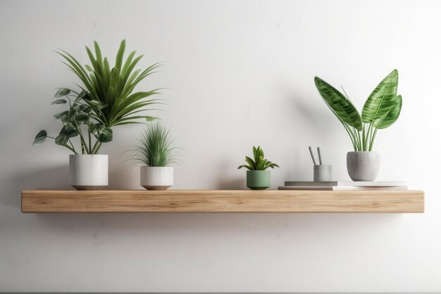 Shelf with green plants against a white wall