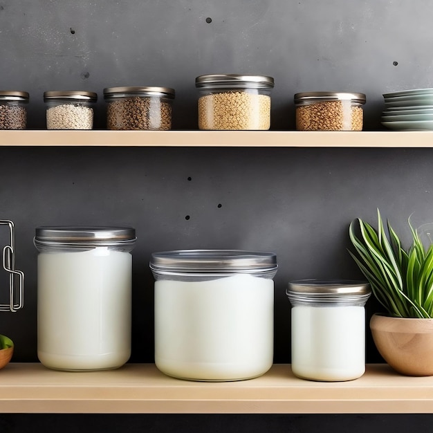 A shelf with jars of food including cereal and oats