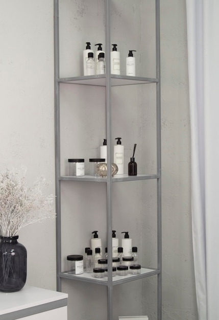 a shelf with lotion and lotion on it