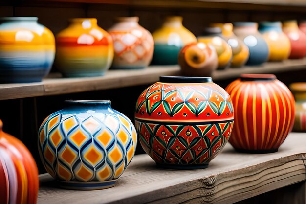 A shelf with many colorful vases on it and one with a blue and orange pattern