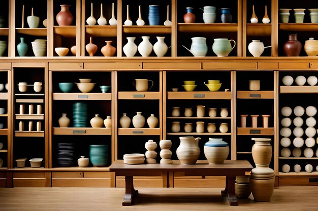 A shelf with many pottery items including pottery and pottery.