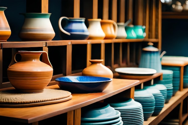 a shelf with many pottery and plates on it