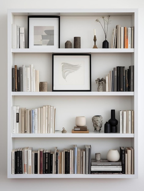 a shelf with a picture frame and a picture of a bird on it