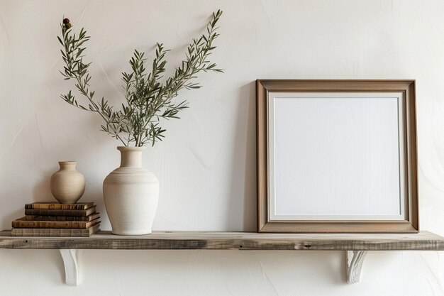 Photo a shelf with a picture frame and a picture of a plant on it