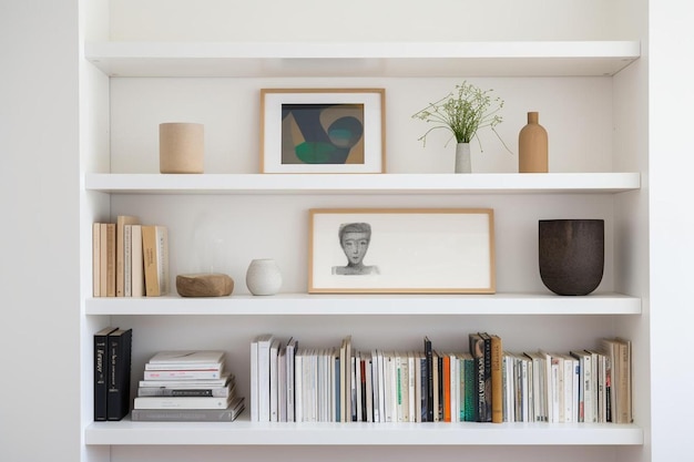 a shelf with a picture of a man and a vase of flowers.