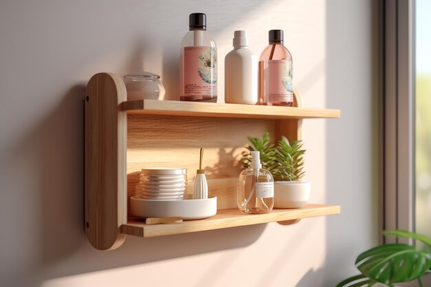 A shelf with a plant on it and a bottle of soap on it.