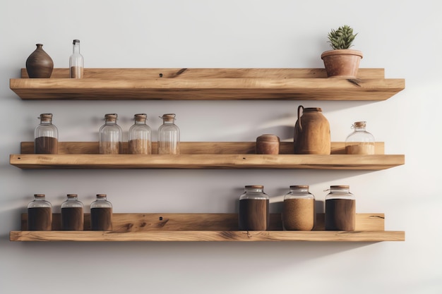 A shelf with a plant on it and a pot on it.