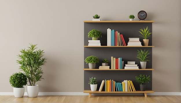 a shelf with plants and a clock on it