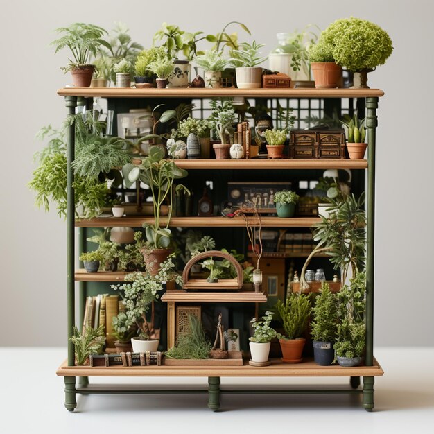 a shelf with plants and a clock on it