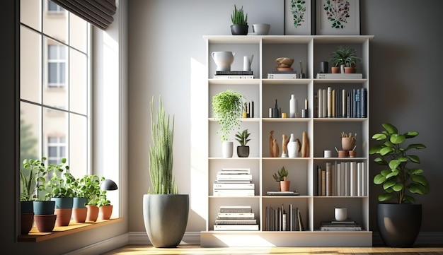 A shelf with plants and a plant pot on it