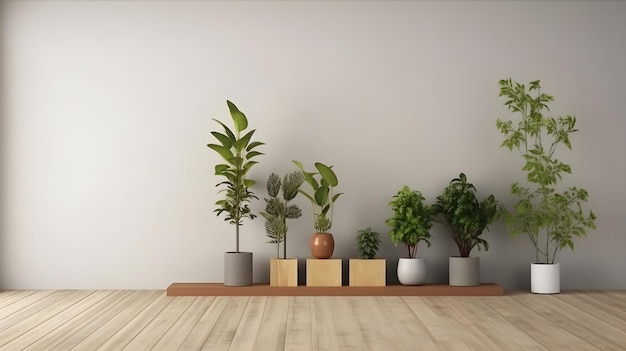여러 식물이 놓여 있고 그 뒤에 흰색 벽이 있는 선반.