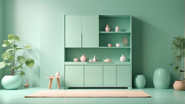 a shelf with a teal colored shelf and a teal shelf with a vase on it