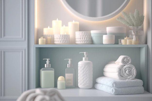 A shelf with towels and bath products on it