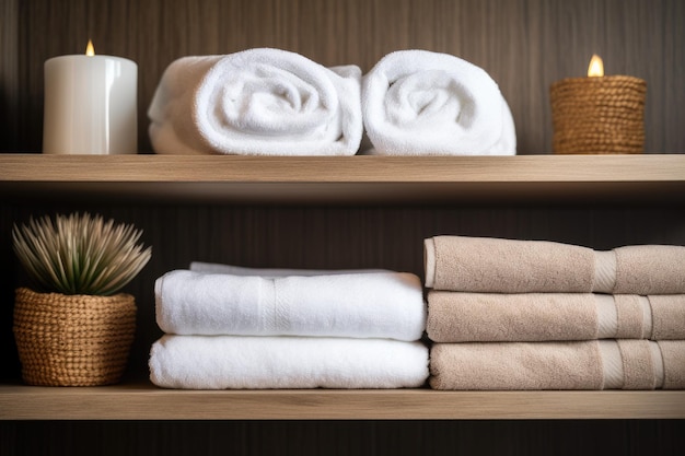 Shelf with towels at hotel spa