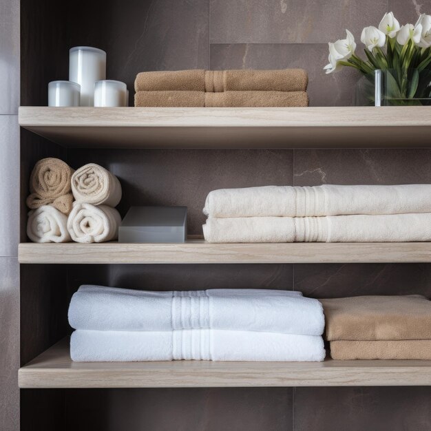 Shelf with towels at hotel spa