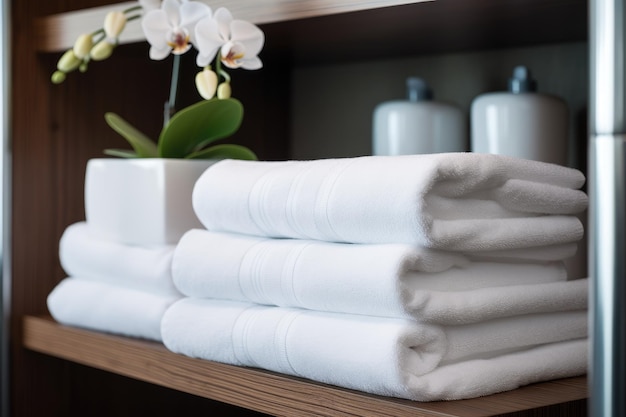 Shelf with towels at hotel spa