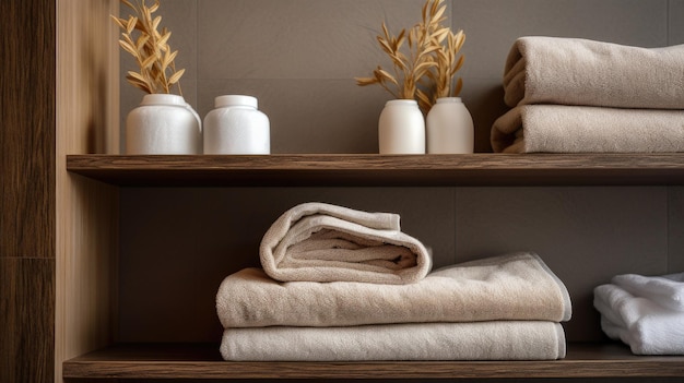 Shelf with towels at hotel spa