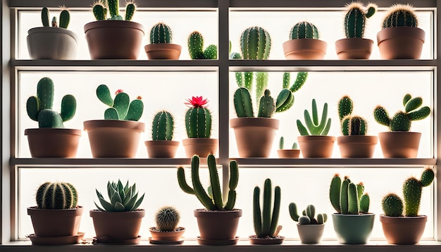 Photo a shelf with a variety of cactus and cactus