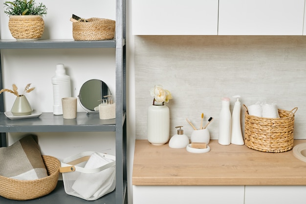 A shelf with a variety of home and bodycare items in modern flat